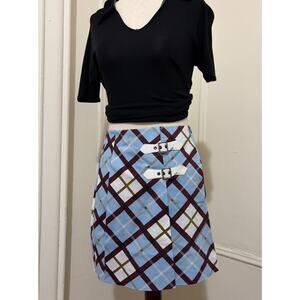 Marc By Marc Jacob’s Plaid Blue Brown White Mini Skirt Buckle Side Size 0 New